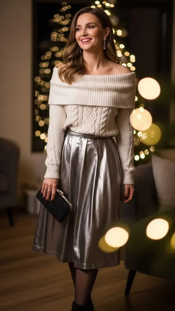 off-shoulder-sweater-with-metallic-midi-skirt