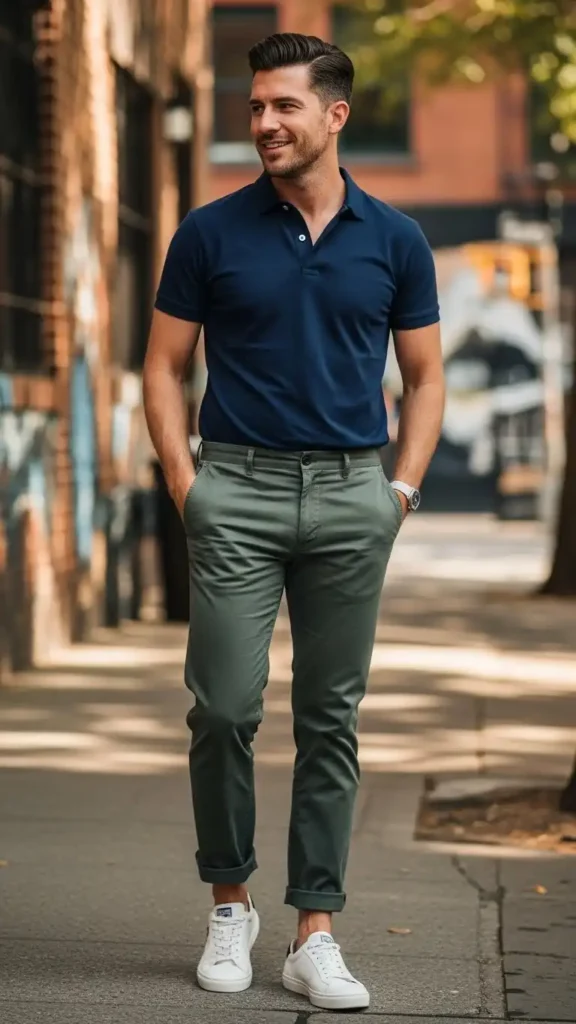 Olive-Chinos-with-Navy-Polo