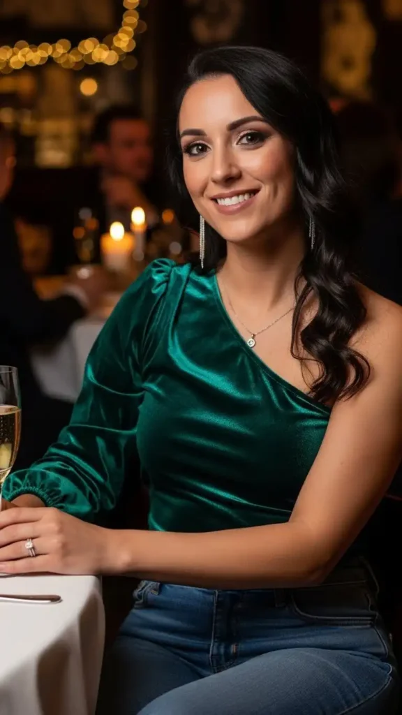 19 Perfect New Year Date Night Outfit Ideas to Look Stunning 18 one-shoulder-velvet-top-and-jeans