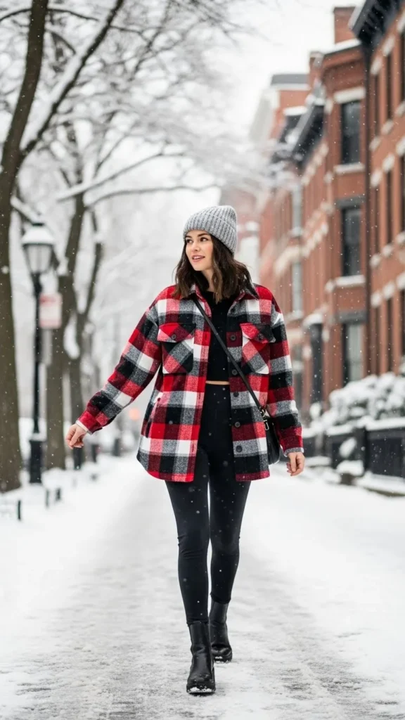 17 Cozy And Classy Winter Outfit Ideas for Women You'll Love 10 Plaid-Shacket-with-Black-Leggings