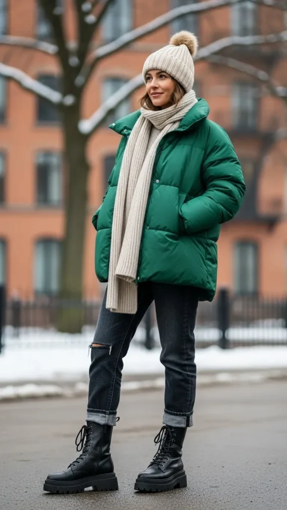 17 Cozy And Classy Winter Outfit Ideas for Women You'll Love 5 Puffer-Jacket-with-Jeans-and-Chunky-Boots