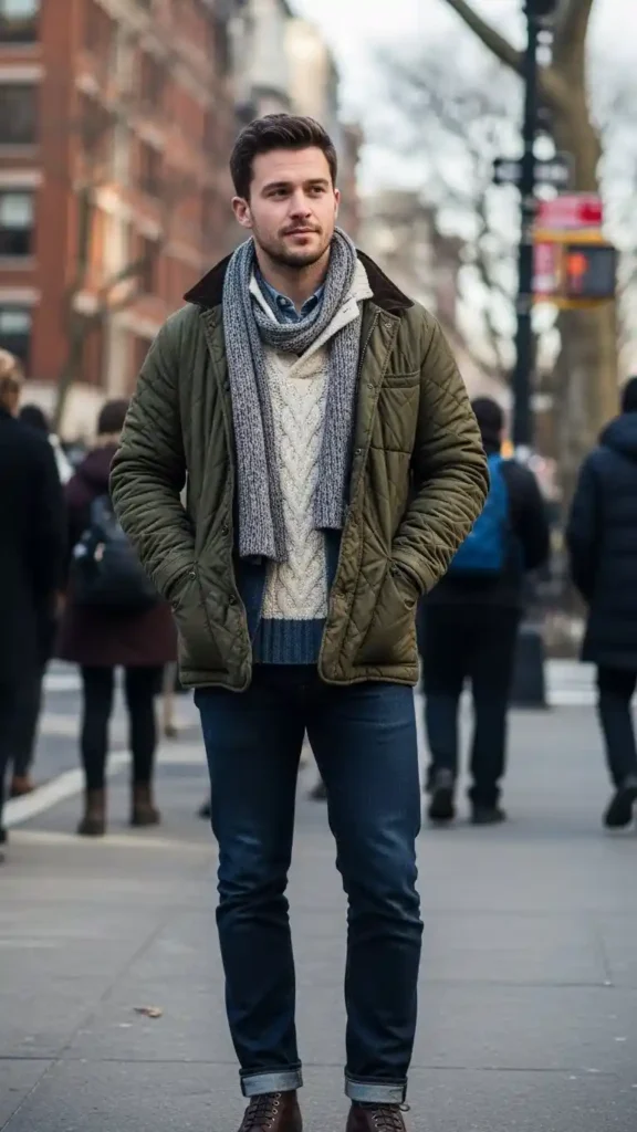 16 Trendy Men Winter Outfit Ideas to Stay Warm and Look Cool 14 quilted-jacket-with-layered-knits-style