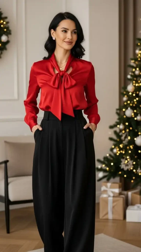 red-bow-neck-satin-blouse-black-wide-leg-trousers