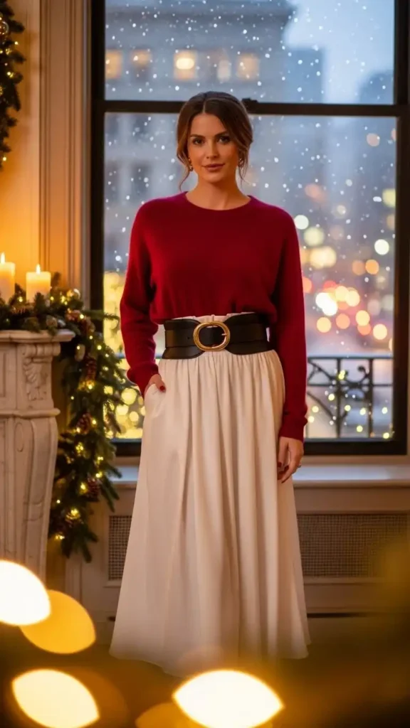 red-cashmere-sweater-white-midi-skirt-statement-belt