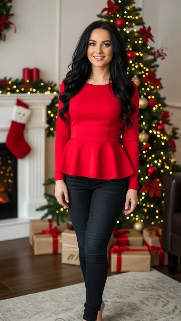 18+ Stunning Red Christmas Outfits for a Memorable Holiday 17 red-peplum-top-with-dark-jeans