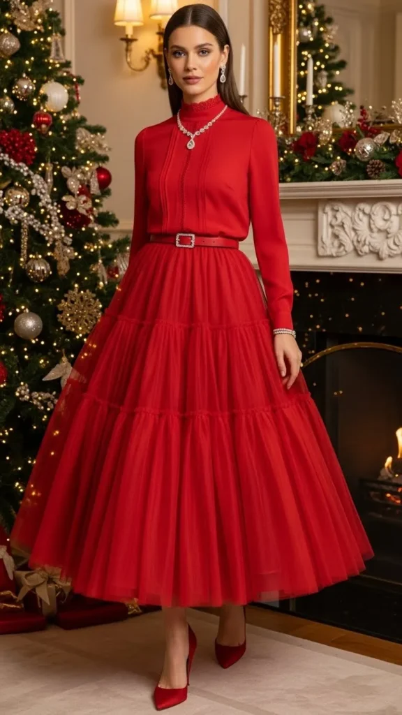 18+ Stunning Red Christmas Outfits for a Memorable Holiday 15 red-tulle-midi-skirt-ensemble
