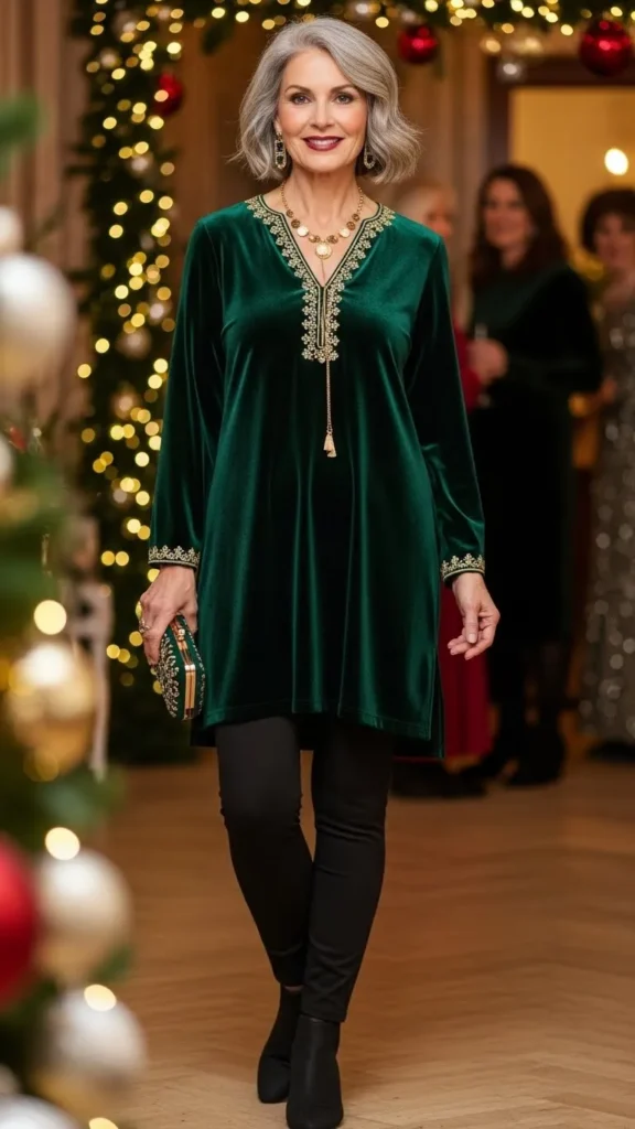 18 Cozy And Elegant Christmas Party Wear for Women Over 50 15 refined-tunic-and-legging-pairing