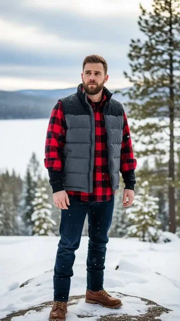 16 Trendy Men Winter Outfit Ideas to Stay Warm and Look Cool 3 rugged-flannel-and-puffer-vest-pairing