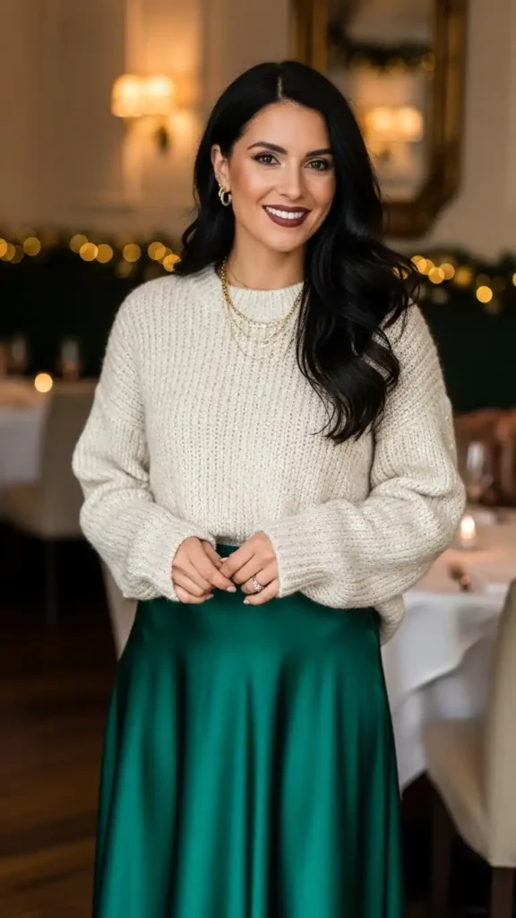 19 Perfect New Year Date Night Outfit Ideas to Look Stunning 4 satin-midi-skirt-and-chunky-knit