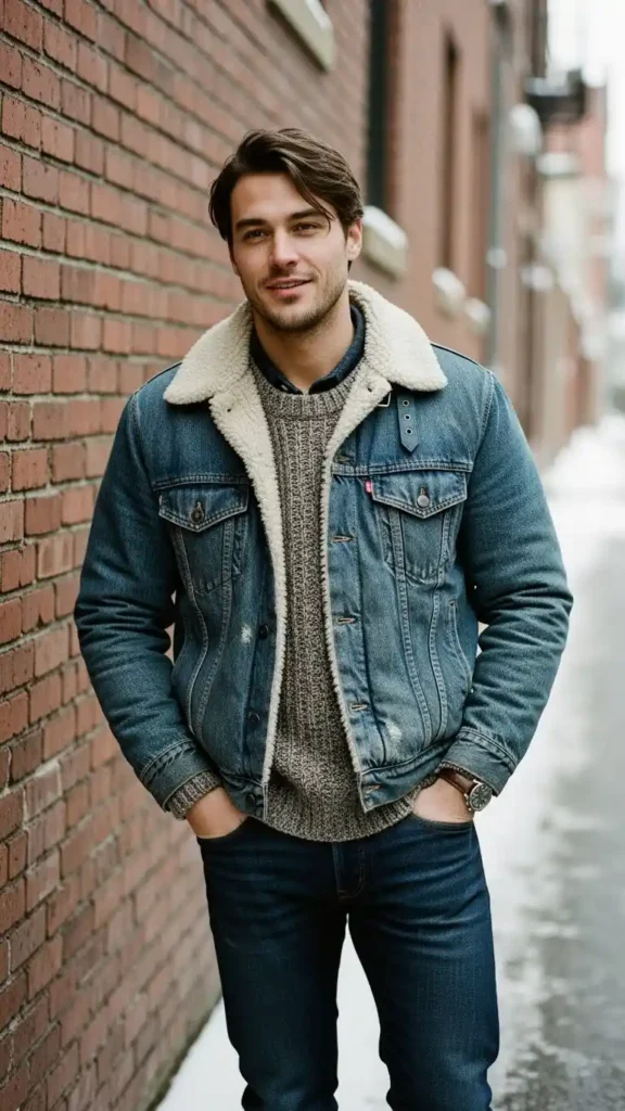 16 Trendy Men Winter Outfit Ideas to Stay Warm and Look Cool 7 shearling-jacket-with-vintage-denim-style