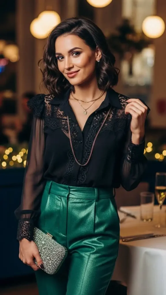 19 Perfect New Year Date Night Outfit Ideas to Look Stunning 11 sheer-sleeve-blouse-and-trousers