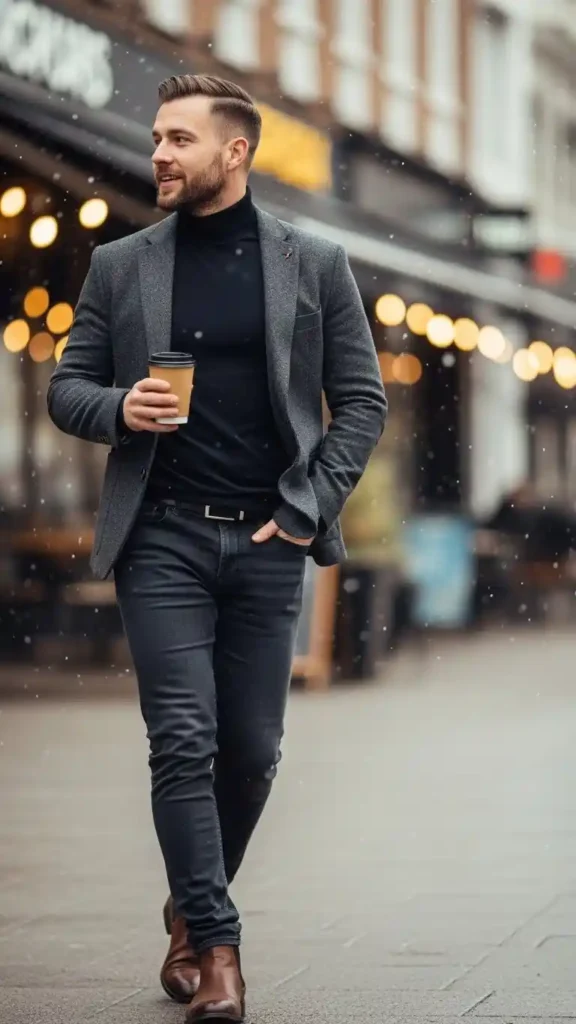 16 Trendy Men Winter Outfit Ideas to Stay Warm and Look Cool 6 smart-casual-turtleneck-and-blazer-outfit