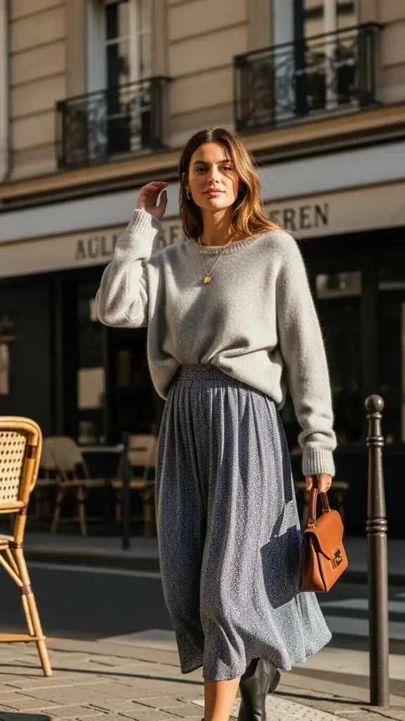 19+ French Wardrobe Basics Women Need For Everyday Elegance 7 soft-cashmere-sweater-with-midi-skirt
