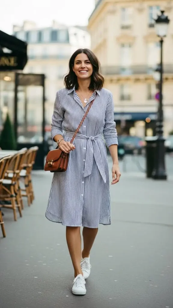 19+ French Wardrobe Basics Women Need For Everyday Elegance 20 striped-shirt-dress-with-white-sneakers