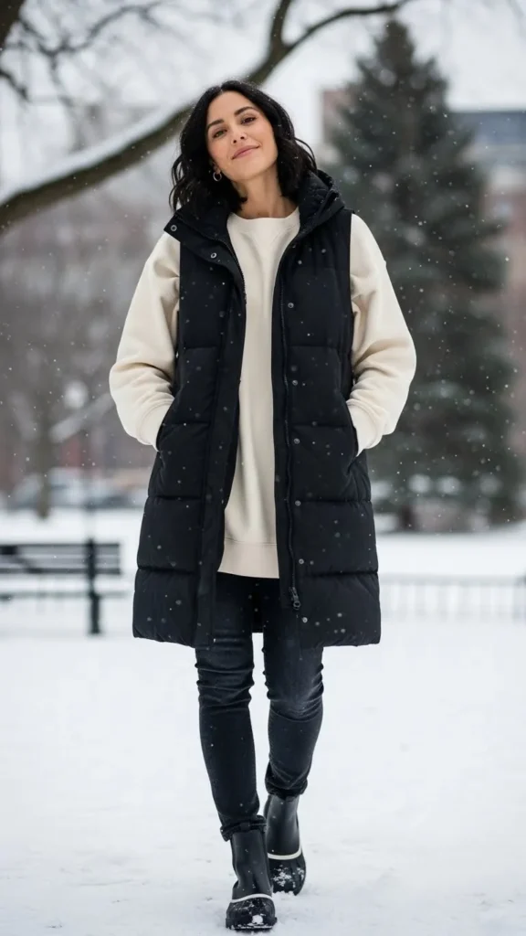 17 Cozy And Classy Winter Outfit Ideas for Women You'll Love 12 Sweatshirt-with-a-Longline-Puffer-Vest