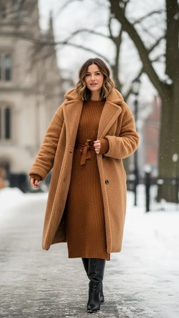 17 Cozy And Classy Winter Outfit Ideas for Women You'll Love 8 Teddy-Coat-with-a-Knit-Dress