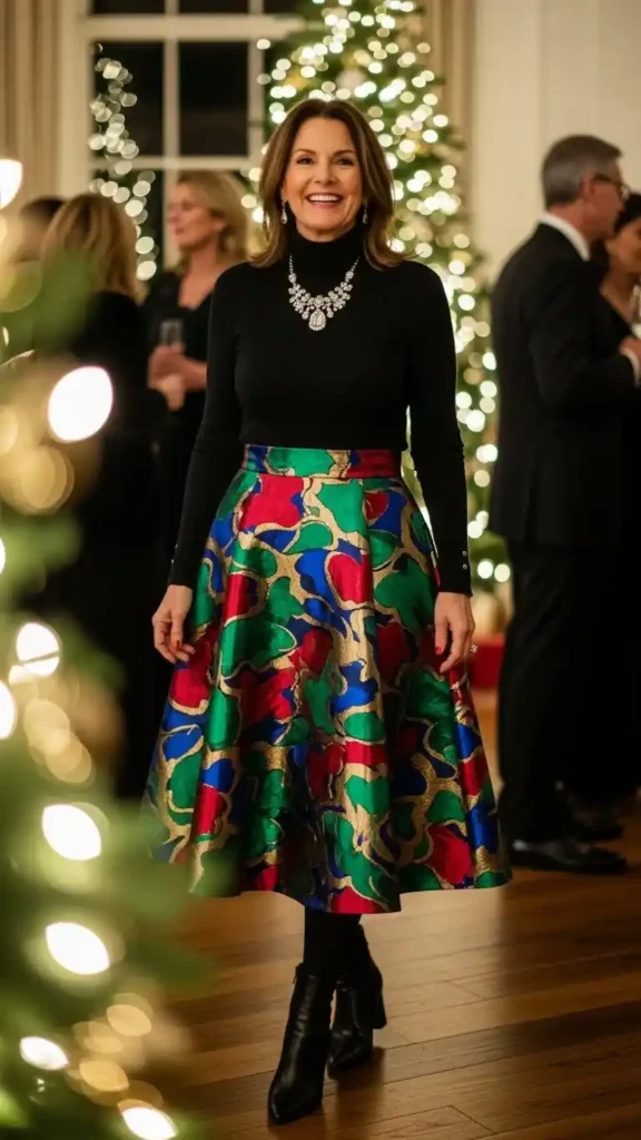 18 Cozy And Elegant Christmas Party Wear for Women Over 50 8 the-power-of-a-statement-skirt