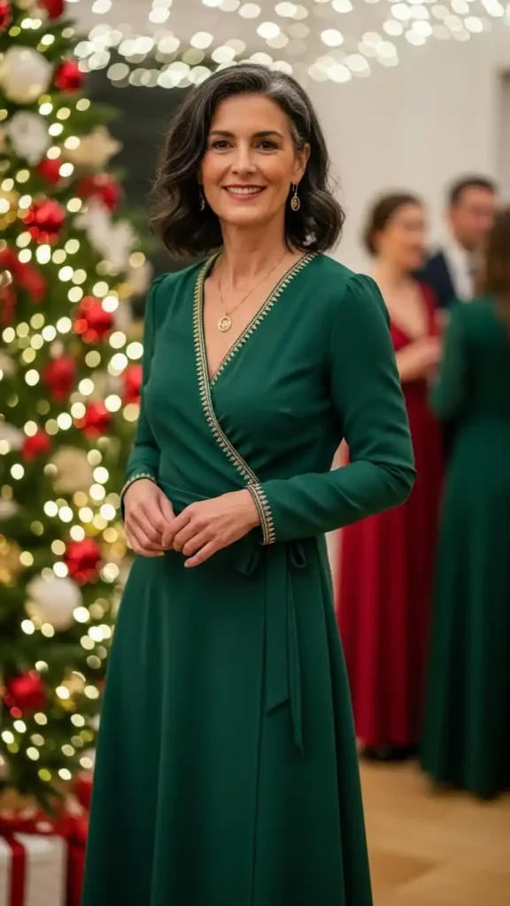 18 Cozy And Elegant Christmas Party Wear for Women Over 50 5 the-refined-wrap-dress-approach