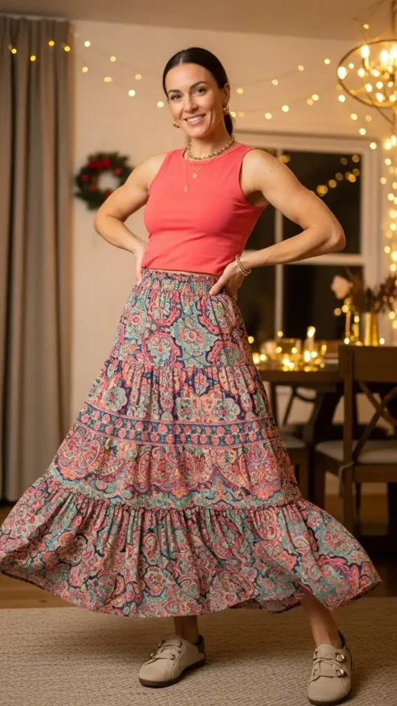 16 Trendy New Year Casual Outfit Ideas for Women You'll Love 15 tiered-maxi-skirt-with-a-fitted-top