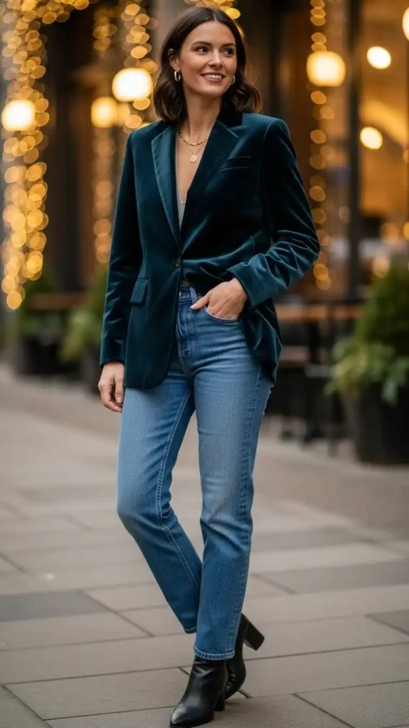 16 Trendy New Year Casual Outfit Ideas for Women You'll Love 9 velvet-blazer-with-straight-leg-jeans