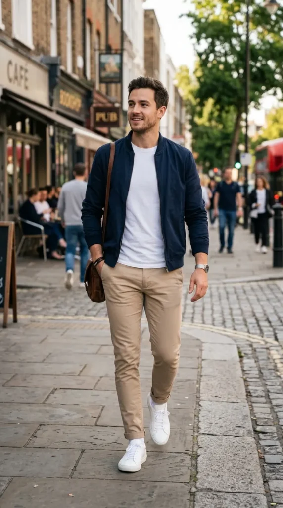 18+ Casual Outfit for Men Ideas to Look Stylish Every Day 8 bomber-jacket-crew-neck-tee-chinos