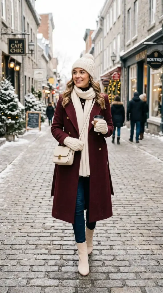 Classy Winter Outfit Ideas for Women: 20 Trendy Stylish Looks 21 burgundy-coat-with-cream-accessories