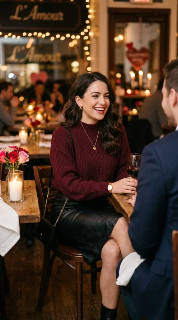 burgundy-sweater-with-leather-skirt