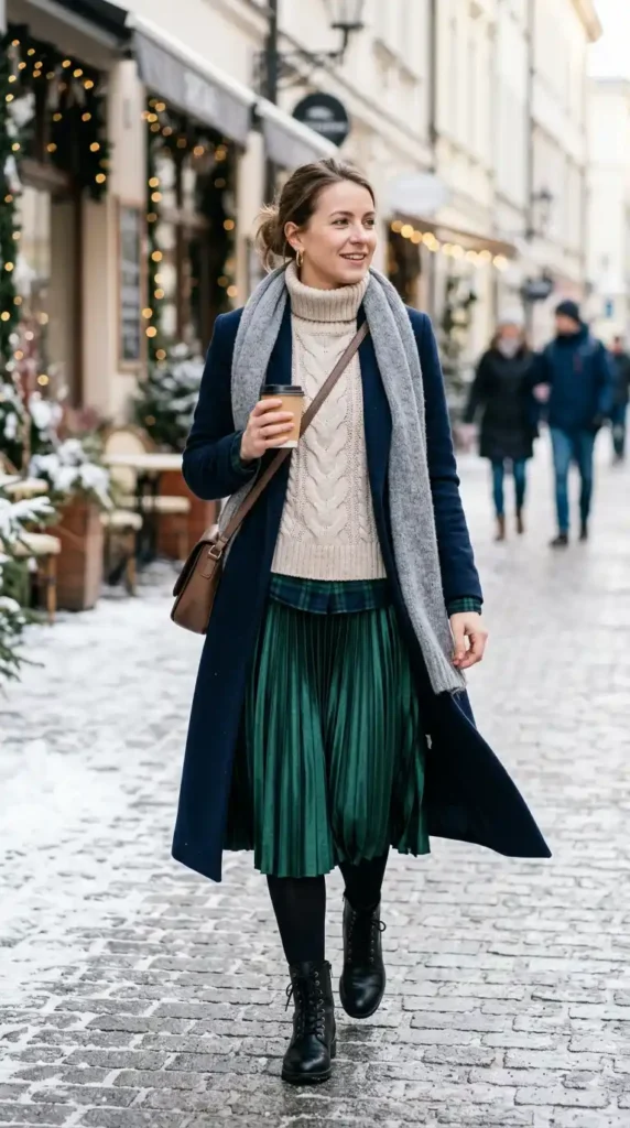 13+ New Year Casual Outfit Ideas Every Woman Needs This Winter 11 cable-knit-sweater-with-a-pleated-midi-skirt