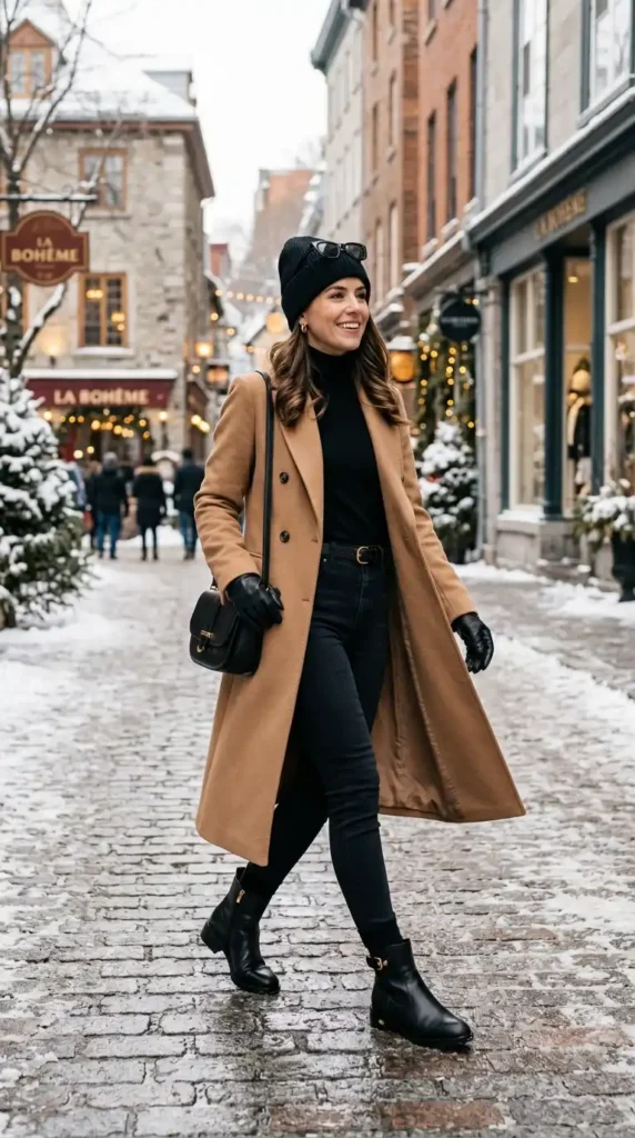 Classy Winter Outfit Ideas for Women: 20 Trendy Stylish Looks 10 camel-coat-with-black-boots