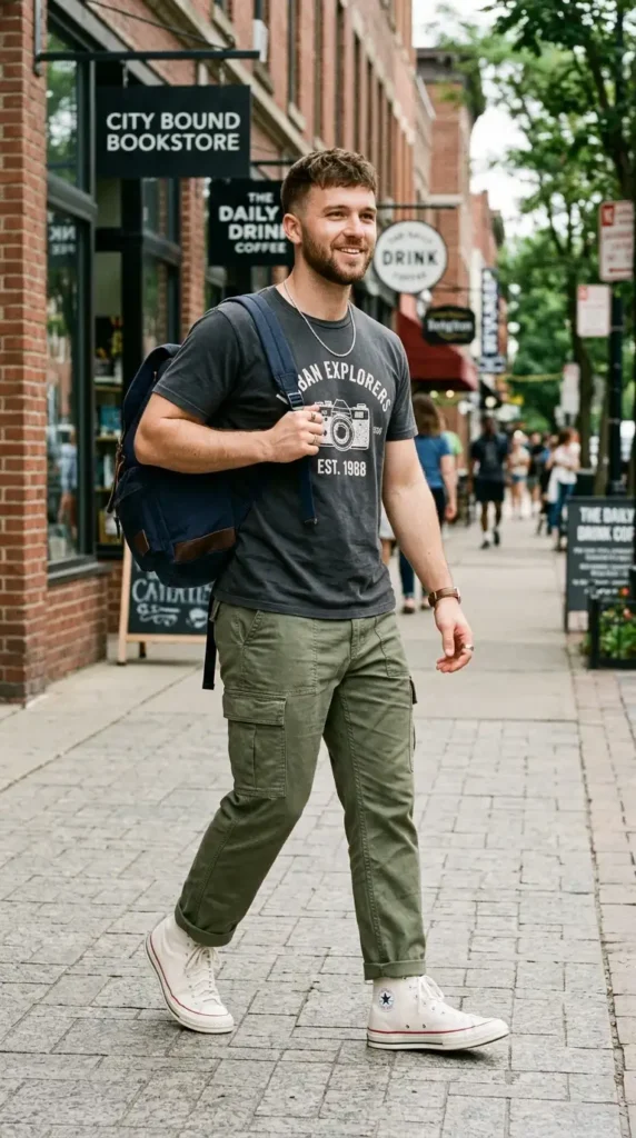 18+ Casual Outfit for Men Ideas to Look Stylish Every Day 12 cargo-pants-graphic-tee-high-top-sneakers
