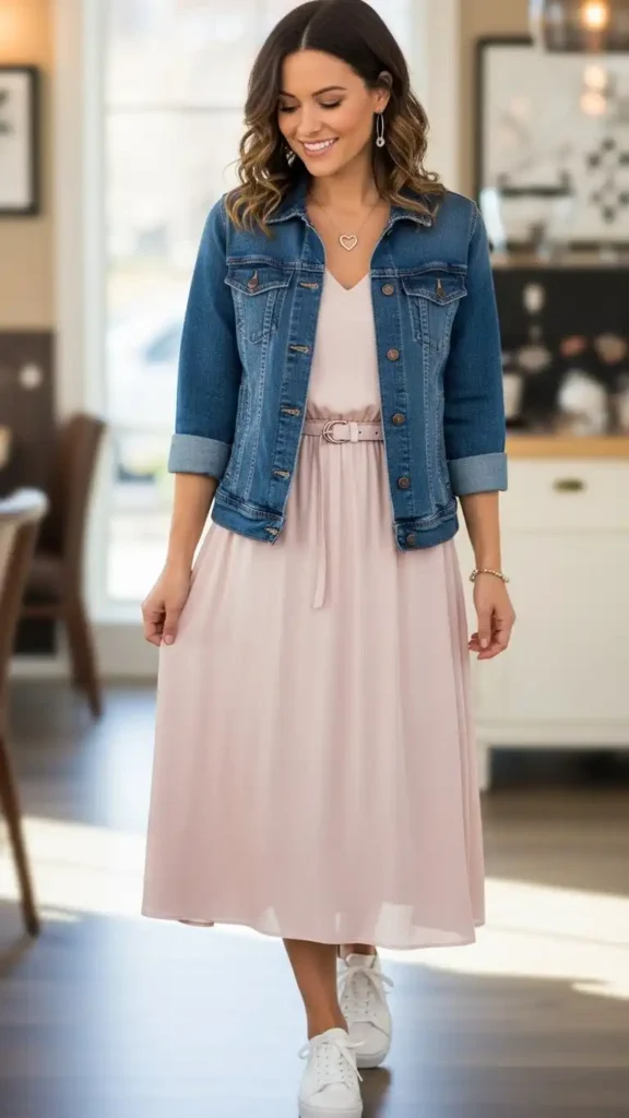 15 Casual Valentine’s Day Outfit Ideas to Stay Cute and Comfortable 6 casual-dress-with-denim-jacket