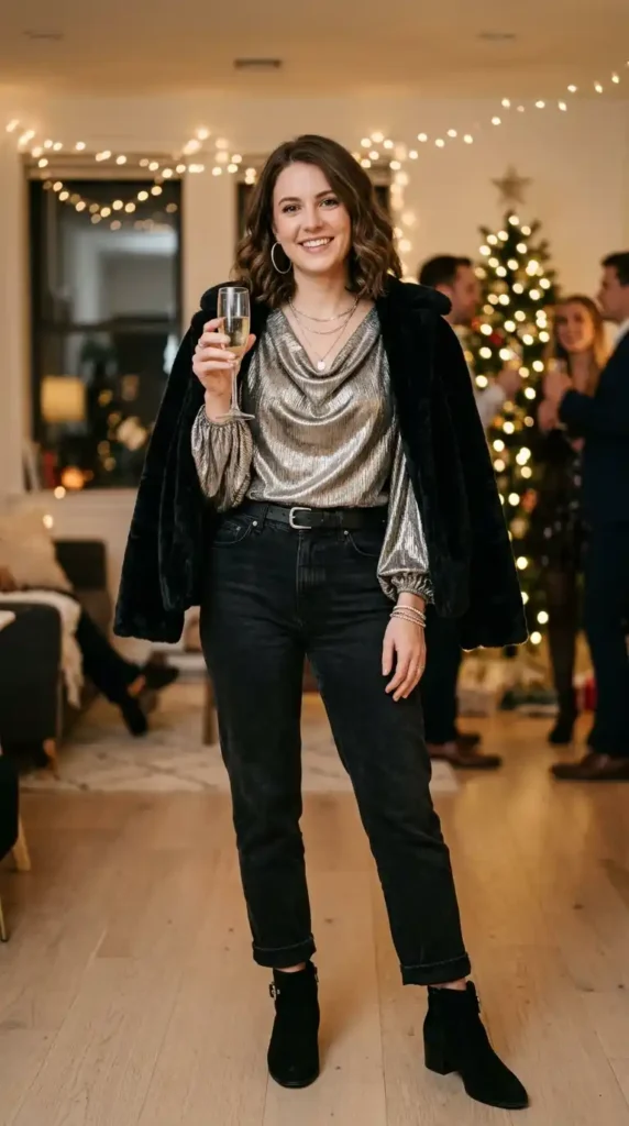 13+ New Year Casual Outfit Ideas Every Woman Needs This Winter 2 classic-black-jeans-with-a-metallic-blouse