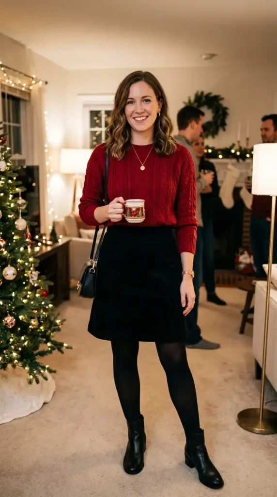 classic-red-sweater-with-black-skirt