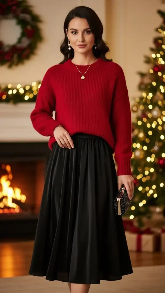 classic-red-sweater-with-black-skirt