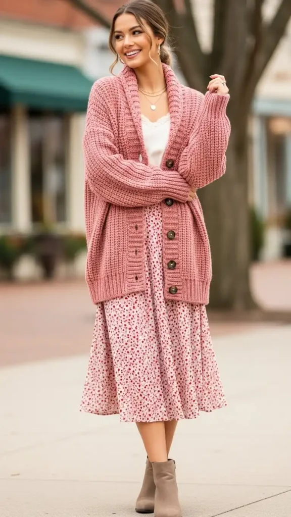 15 Casual Valentine’s Day Outfit Ideas to Stay Cute and Comfortable 11 cozy-cardigan-with-midi-skirt