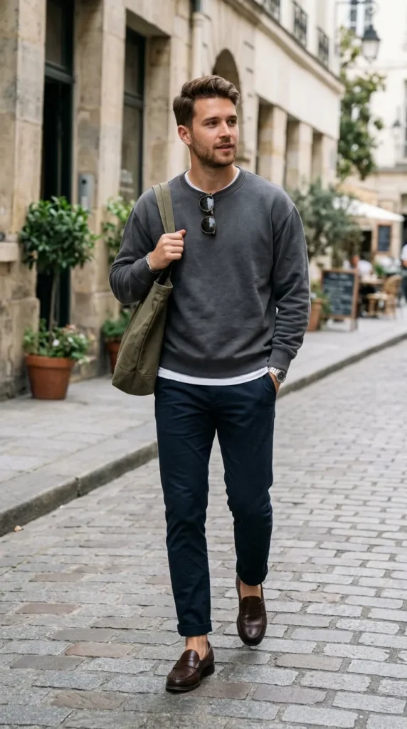 18+ Casual Outfit for Men Ideas to Look Stylish Every Day 13 crewneck-sweatshirt-slim-trousers-loafers