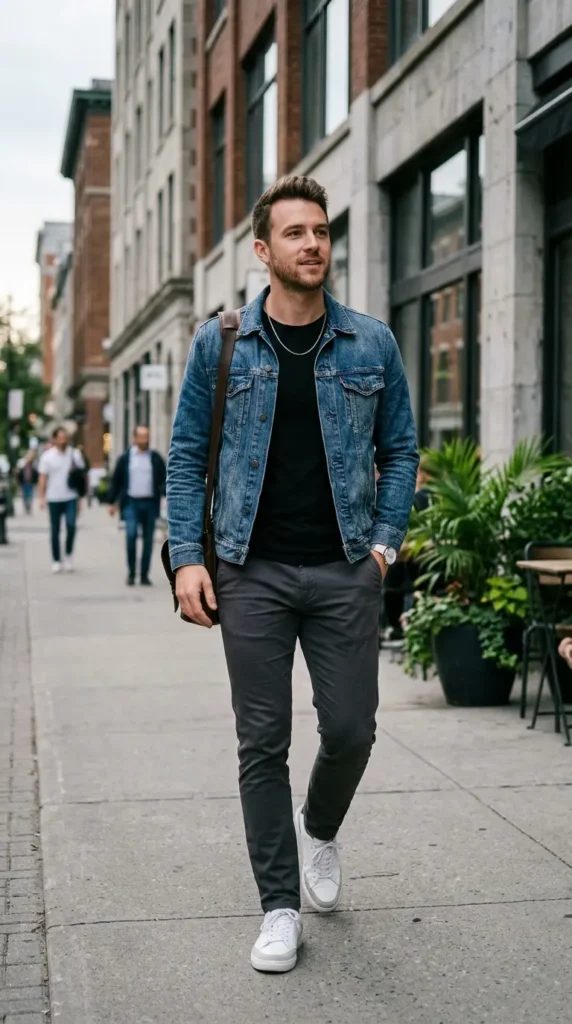 18+ Casual Outfit for Men Ideas to Look Stylish Every Day 3 denim-jacket-over-a-black-tee