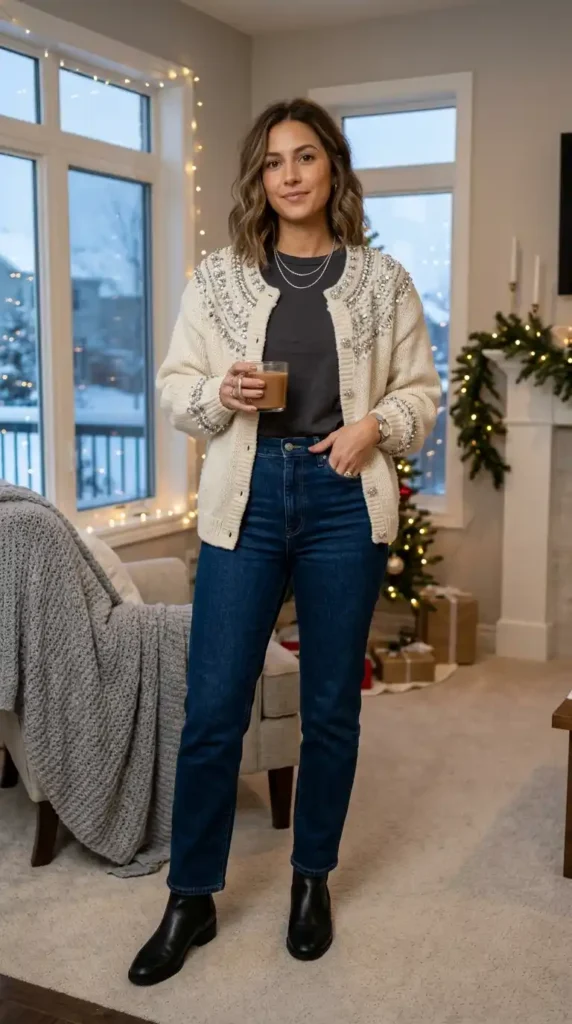 13+ New Year Casual Outfit Ideas Every Woman Needs This Winter 16 embellished-cardigan-with-simple-separates