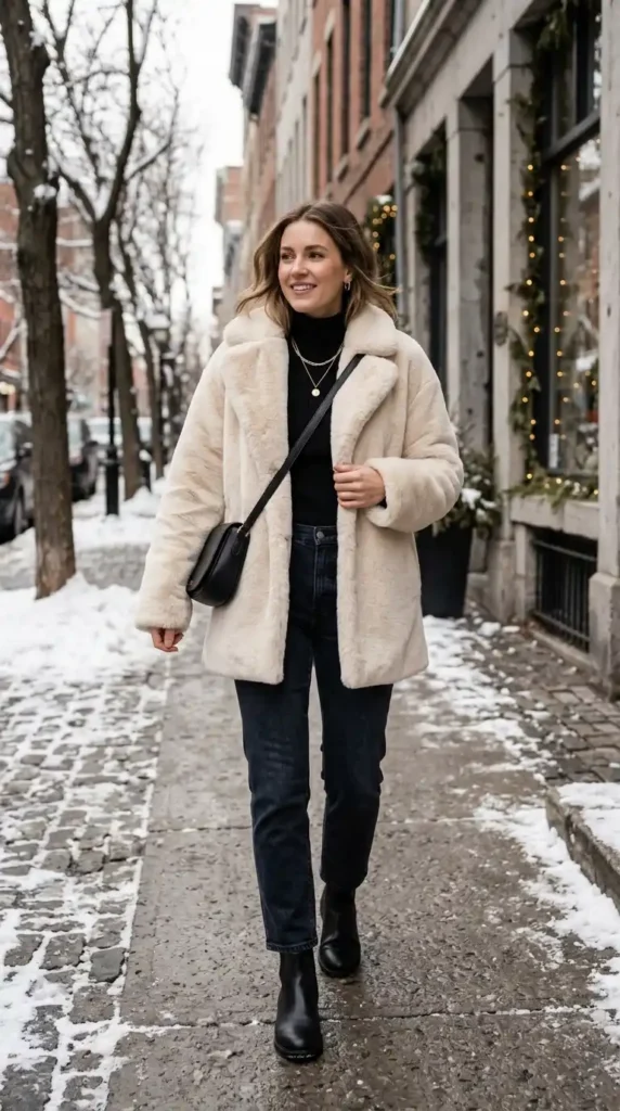 13+ New Year Casual Outfit Ideas Every Woman Needs This Winter 13 faux-fur-coat-layering-over-minimal-outfits