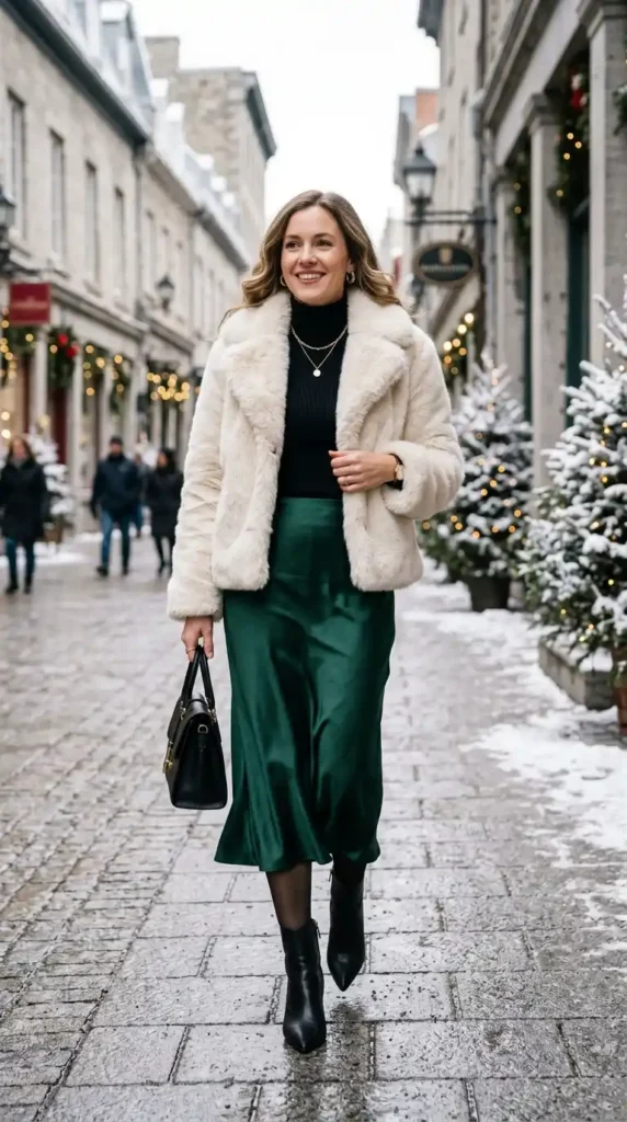 Classy Winter Outfit Ideas for Women: 20 Trendy Stylish Looks 11 faux-fur-jacket-with-satin-skirt