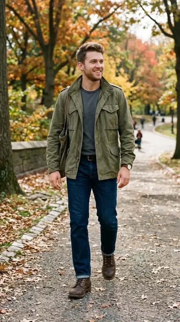 18+ Casual Outfit for Men Ideas to Look Stylish Every Day 14 field-jacket-plain-tee-straight-jeans-work-boots