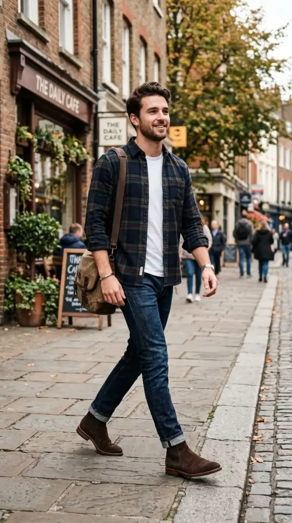 18+ Casual Outfit for Men Ideas to Look Stylish Every Day 7 flannel-shirt-dark-jeans-chelsea-boots