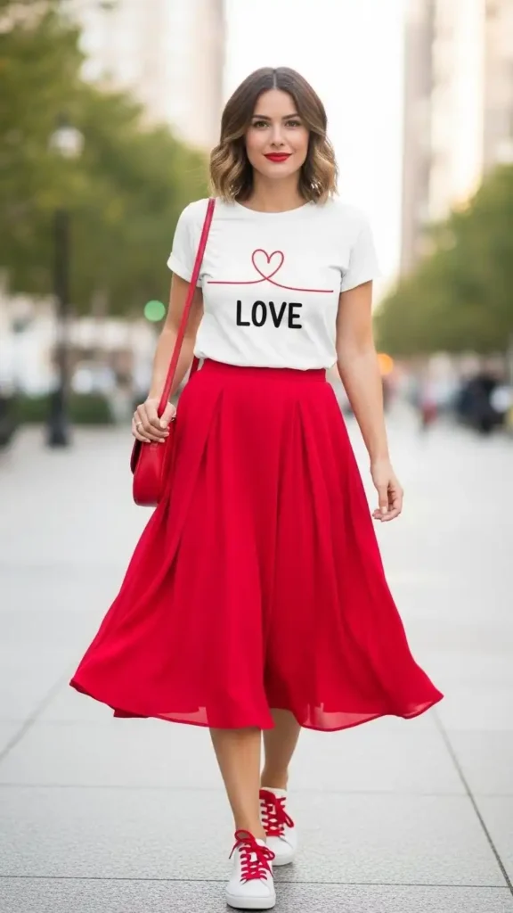15 Casual Valentine’s Day Outfit Ideas to Stay Cute and Comfortable 7 graphic-tee-with-red-skirt
