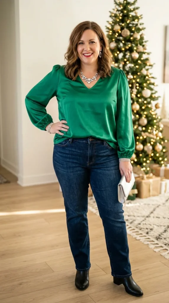 green-satin-blouse-and-jeans