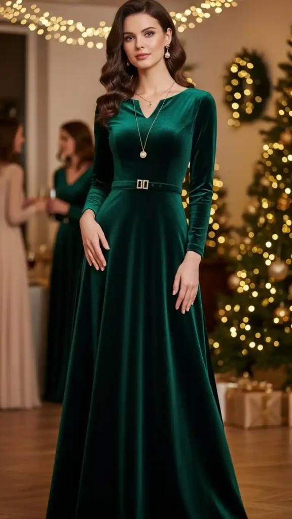
green-velvet-dress-with-gold-accessories