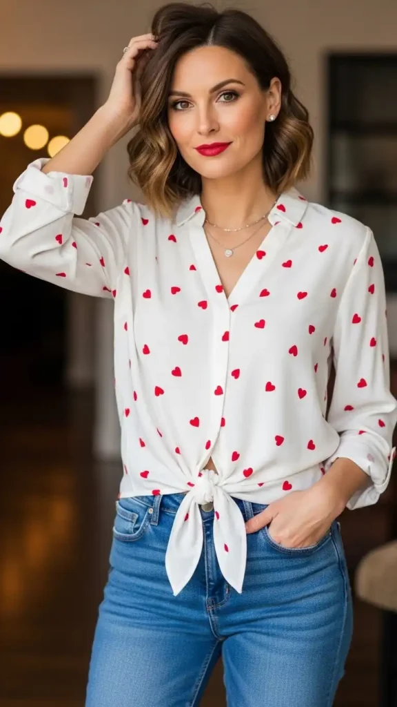 15 Casual Valentine’s Day Outfit Ideas to Stay Cute and Comfortable 15 heart-print-blouse-with-jeans