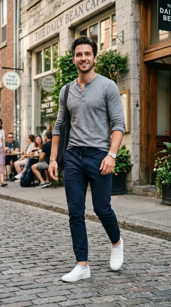 18+ Casual Outfit for Men Ideas to Look Stylish Every Day 9 henley-shirt-tapered-joggers-slip-on-sneakers