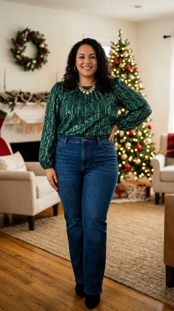 high-waisted-jeans-with-festive-blouse