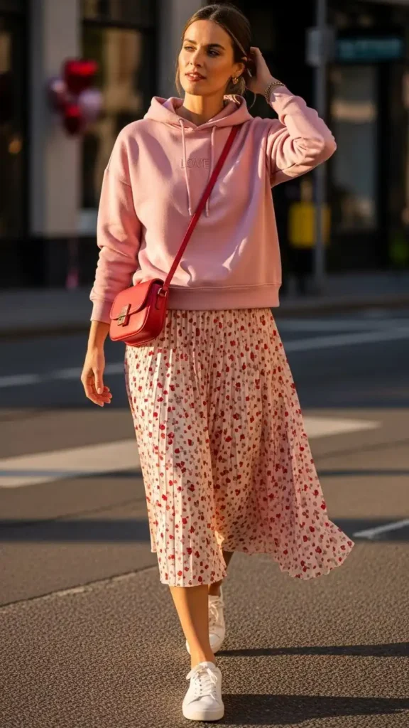 15 Casual Valentine’s Day Outfit Ideas to Stay Cute and Comfortable 8 hoodie-with-pleated-skirt