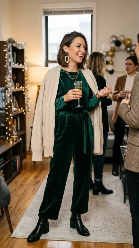 13+ New Year Casual Outfit Ideas Every Woman Needs This Winter 12 jumpsuit-with-statement-earrings